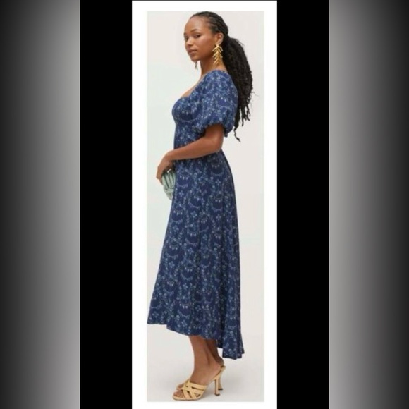 Hill House Blue Floral Square-Neck Midi Dress Puff Sleeves Matilda Charm Scallop - Picture 5 of 10